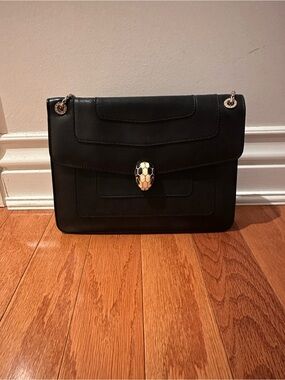 Bulgari Black Leather Shoulder Bag with Serpent Head Clasp